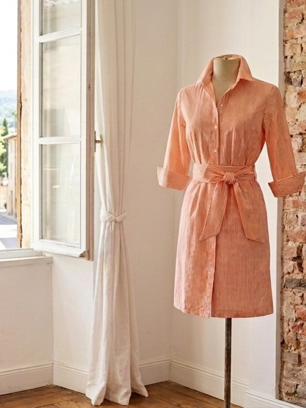 Gretchen Scott Designs Peach-Striped Tie-Waist Shirt Dress